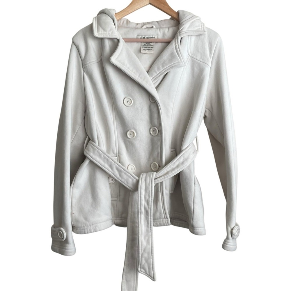 Vintage Jones New York Women Hooded Jacket XL Cream Belted Warm Cozy Button Coat